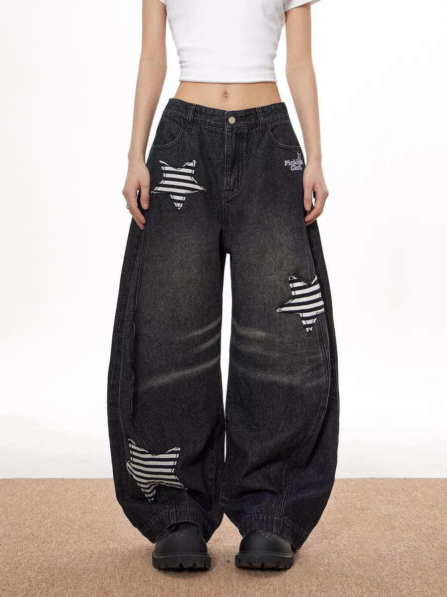 Frauen Schwarz Goth Y2k Kaninchen Jeans Vintage Harajuku Emo Baggy Star Jean Hosen Grunge Denim Hosen Japanische 2000er Jahre Stil Kleidung
