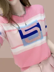 2024 Summer Knitted T-shirt Women's Fashion Contrast Color Korean O-Neck Diamonds Spliced Short Sleeve Tees Tops Female Clothing