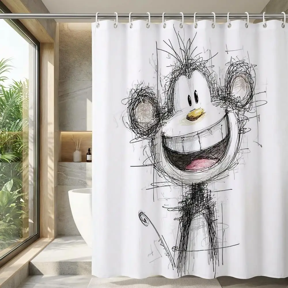 

Scribble Monkey Shower Curtain – Playful Cartoon Design, Whimsical Bathroom Decor 12PCS Hooks 71X71Inch