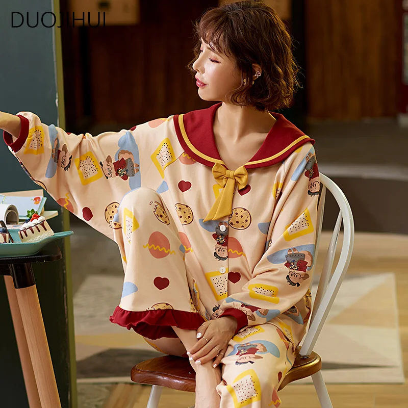 DUOJIHUI Fashion Bow Two Piece Casual Home Pajamas for Women New Sweet Print Cardigan Loose Simple Pant Winter Female Sleepwear