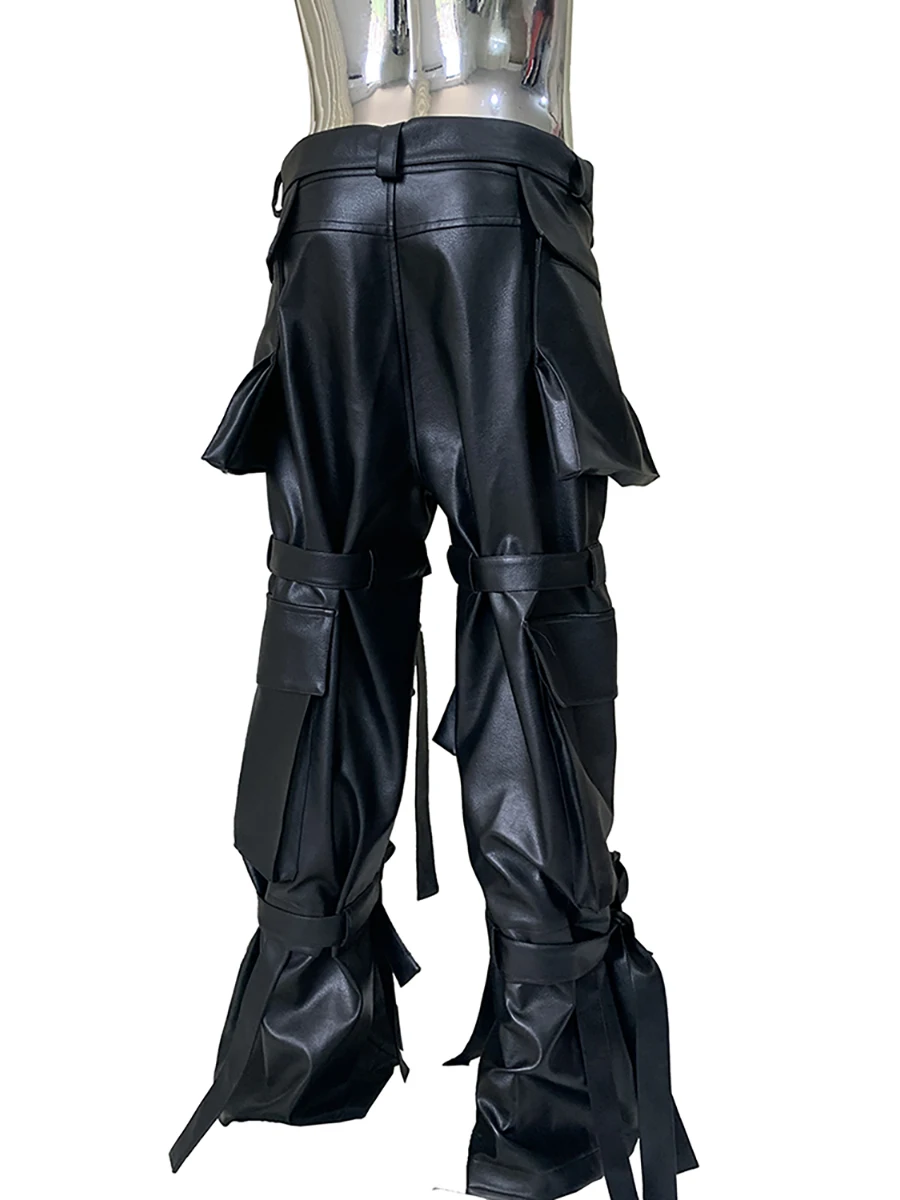 

Autumn Cool Long Baggy Black Pu Leather Wide Leg Cargo Pants Men Many Pockets Straps Luxury Designer Emo Clothes Streetwear 2025