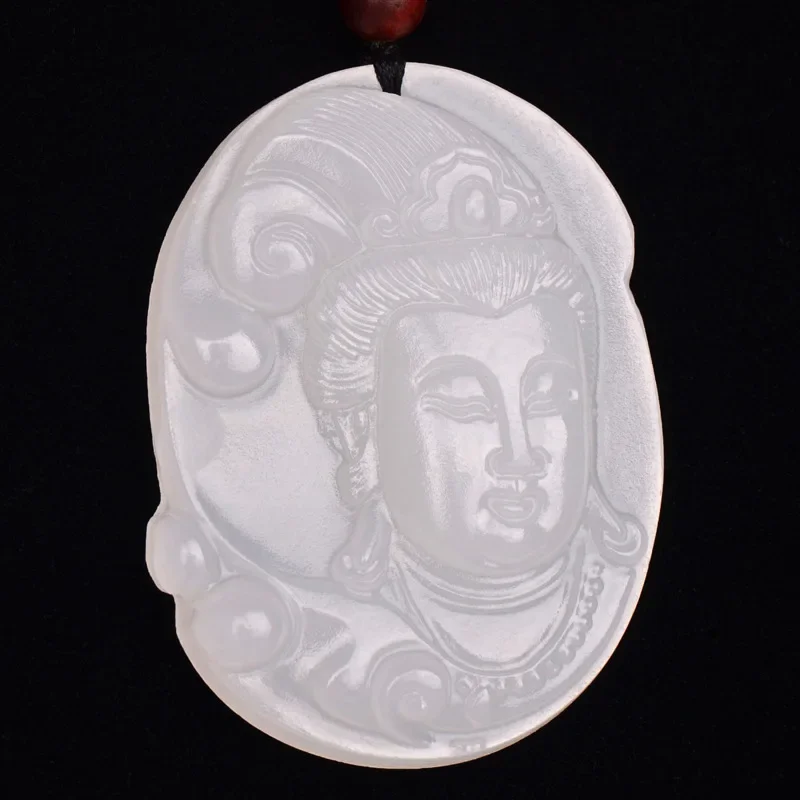 Natural Afghanistan White Jade Guanyin Pendant Necklace Jewellery Fashion Accessories Hand-Carved Luck Gift Sweater Chain