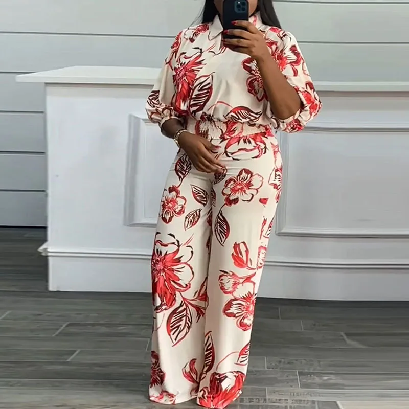 

Elegant Fashion Floral Print 2 Piece Set for Women Long Sleeve Turn-down Collar Top and Wide Leg Pants Suit Casual Matching Sets