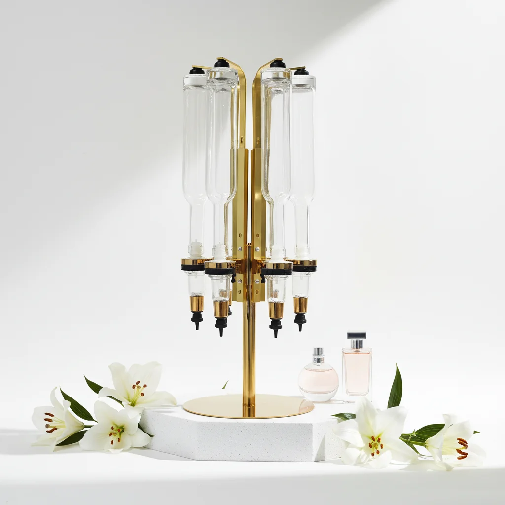 6pcs 500ml Bottles Pe ume Golden Display ColognesRack with 6 Pump Distributor  Pe ume Dispenser  Pe ume Filling Machine