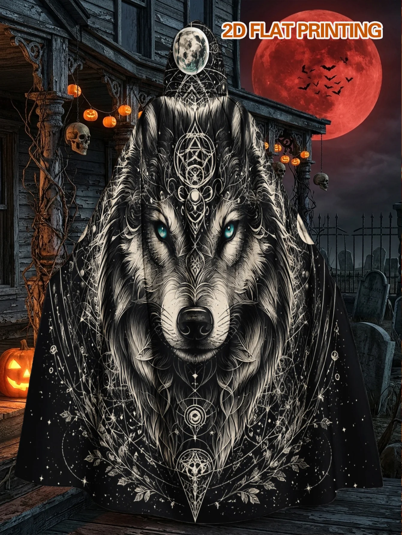 1pc Halloween Skeleton Robe And Christmas Elf Cape with Mystic Wolf Moon Mandala Elements, Adult Polyester Costume