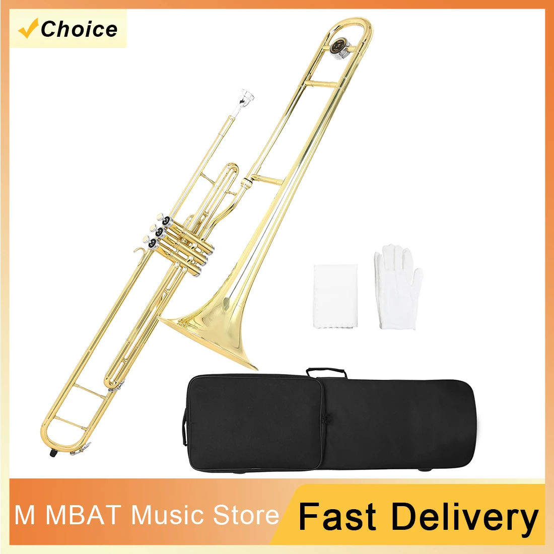 

Gold Triple Key Trombone with Gloves Cleaning Kit B Flat Brass Plated Trombone Instrument for Beginner Students