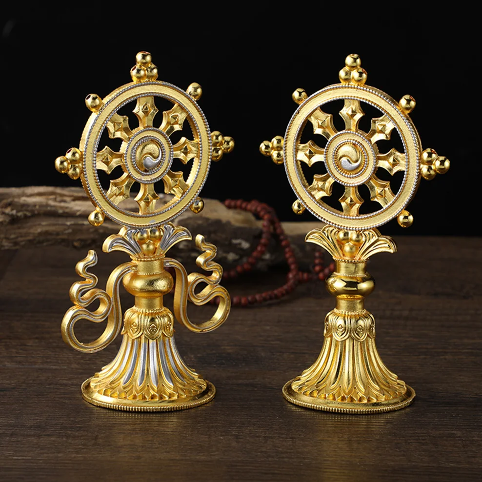 

Golden Dharma wheel, Tibetan Tantric artifacts auspicious ornaments, home indoor prayer wheel, Buddha statue accessories