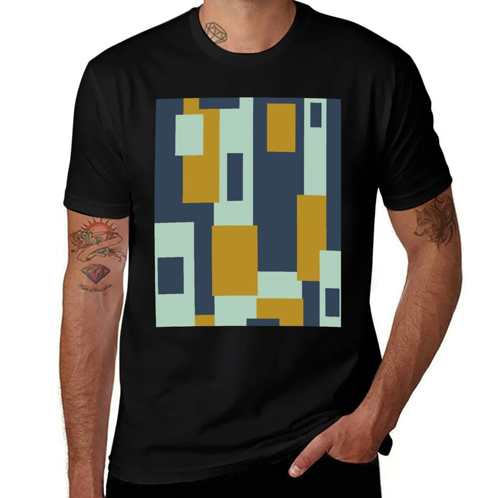 

Cosmopolitan Mid Century Modern Abstract Geometric Color Block Pattern in Blue, Mustard Gold, and Aqua Mint T-Shirt