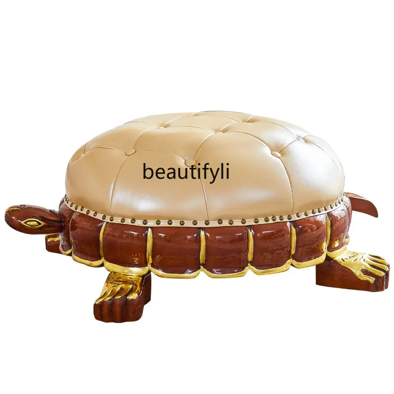 yj European-Style Turtle Stool American Style Luxury Living Room Stool Short Pier Solid Wood Leather Footstool