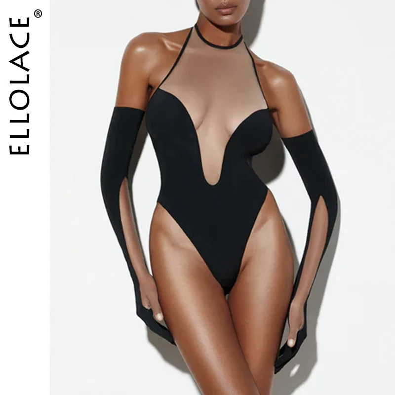 

Ellolace Sissy Crotchless Bodysuit with Gloves Mesh Deep-V Neck Halter Body Sexy Slimming Women's Top Hot Fantasy Tulle Teddy