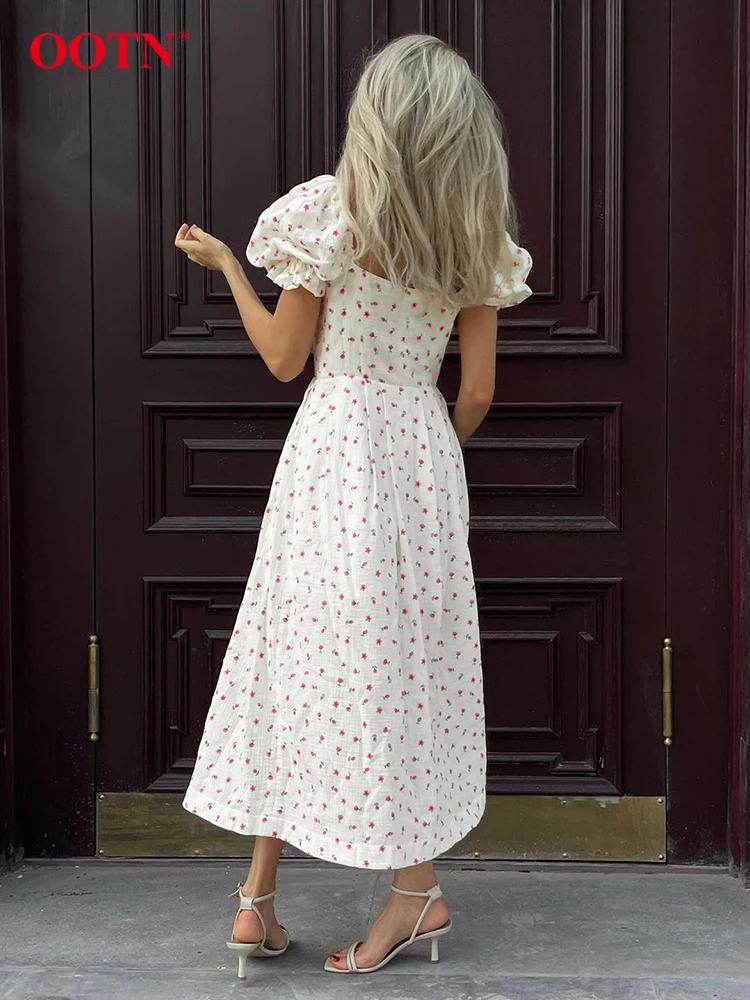 OOTN Elegant Cotton White Dress Women Casual Print Puff Sleeve Office Lady Long Dresses Summer V-Neck A-Line Party Dresss Female