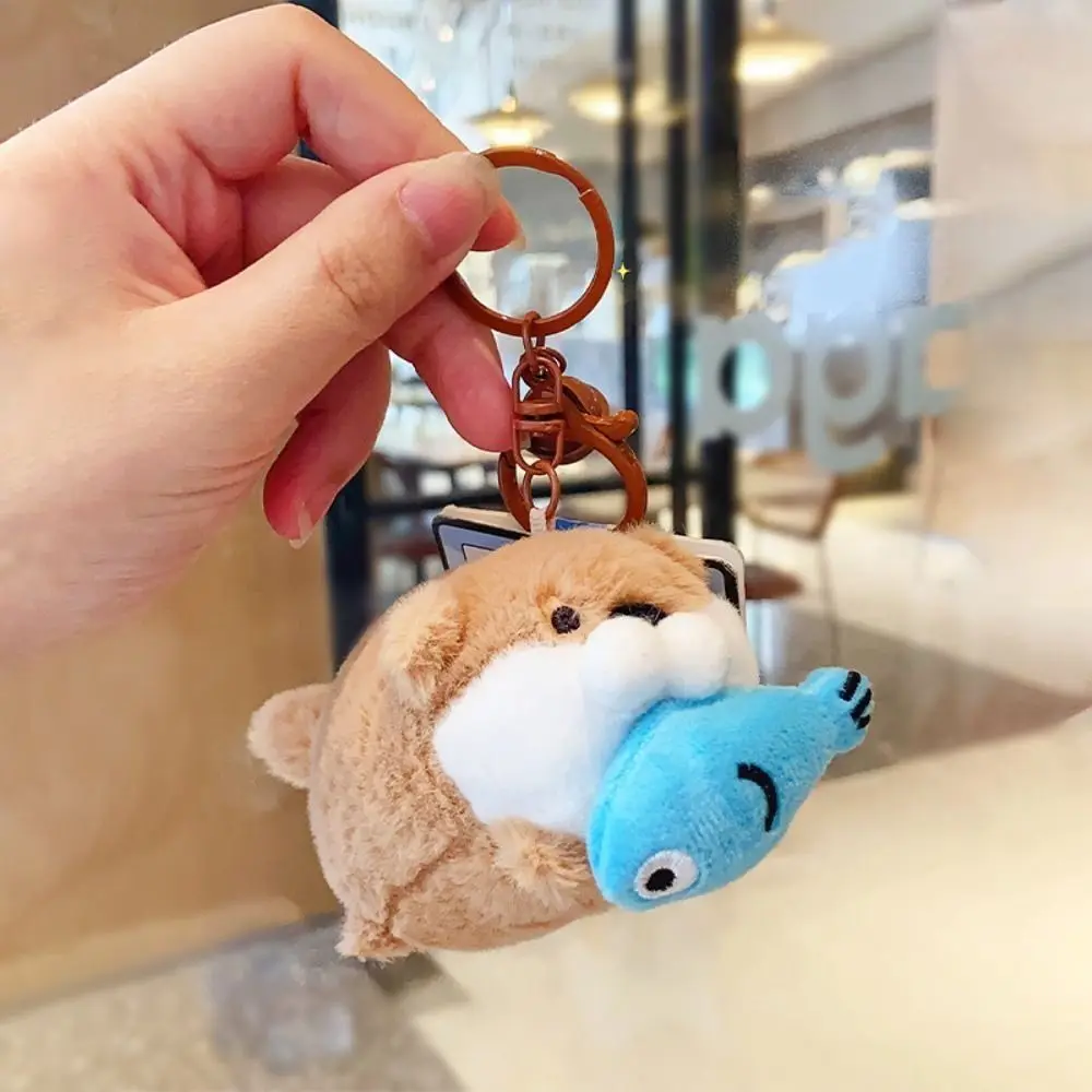 Creative Wishing Doll Otter Hold Fish Key Chain Trinket Korean Style Backpack Charms Drawing Plush Anime Key Ring Girls Gift