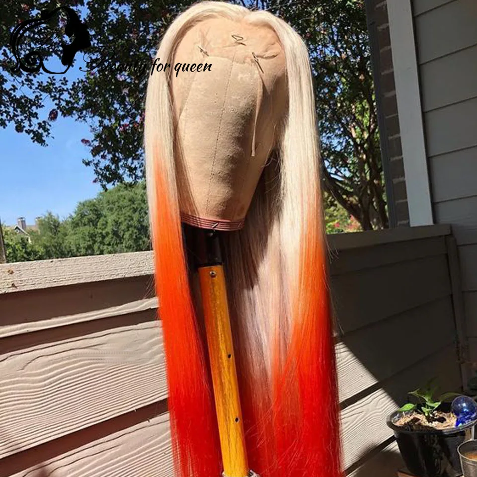 Peruka z ludzkich włosów z przezroczystą koronką typu lace front, żółto-pomarańczowa, 13x4, 100% ludzkie włosy, jakość włosów ludzkich, gęstość 180%, odpowiednia dla dziewcząt.