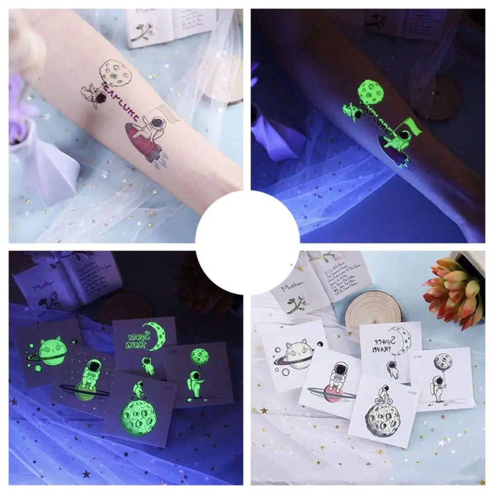 3 Sheets Luminous Cartoon Tattoo Stickers Glow In The Dark Non-toxic Planets Arm Stickers Long Lasting Sweatproof