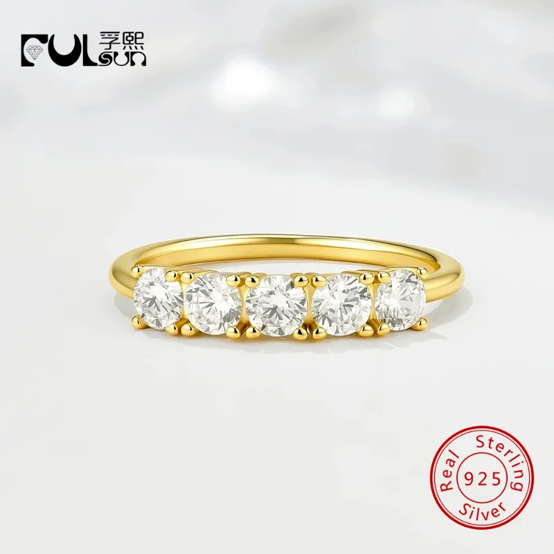Серебряное кольцо 925 пробы с позолотой 14K, пятью круглыми муассанитами, тонкое, многослойное, для свадьбы, помолвки, на каждый день, подарок