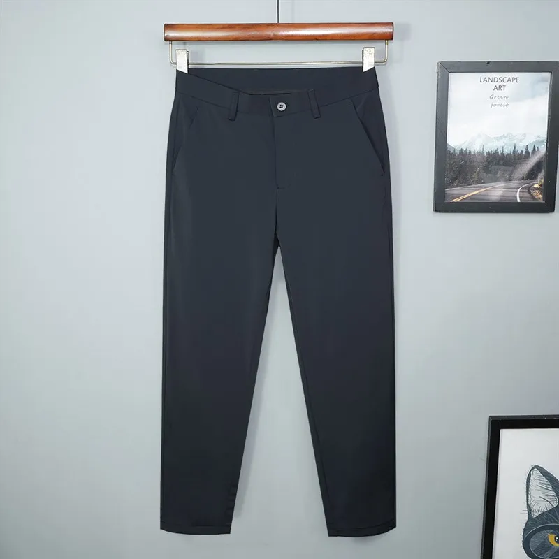 

Мужские летние повседневные брюки из ледяного шелка, ультратонкие, прямого кроя, с эффектом прохлады, эластичные, синие, для отдыха и моды