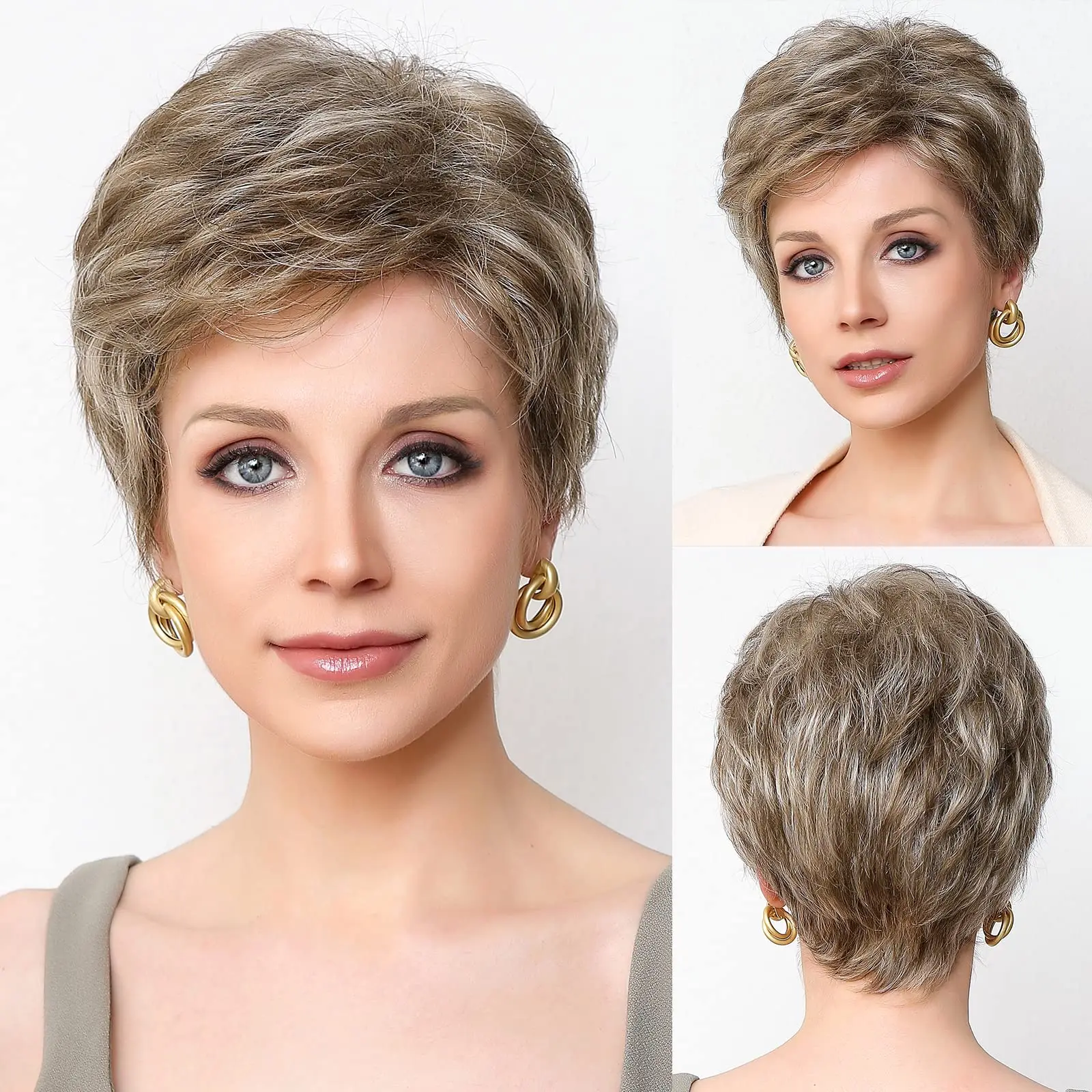 Bob Blonde Mixed Gray Wigs for Women Short Layered Wig With Bangs Natural Daily Blend Hair Wig Kanekalon Synthetic Women Wig Use