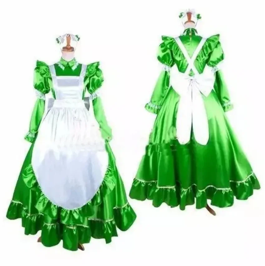 

Sexy sissy green satin dress, cute maid lockable robe dress, role-playing costume, adult customization