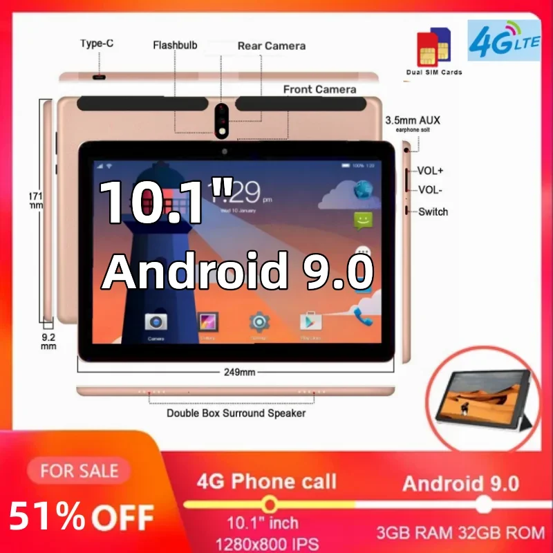 New 10.1 Inch Android 9.0 4G Phone Call Tablet PC 3GB RAM 32GB ROM MTK9863 Quad-Core 1280*800 IPS Dual Sim Rear Camera 5.0M
