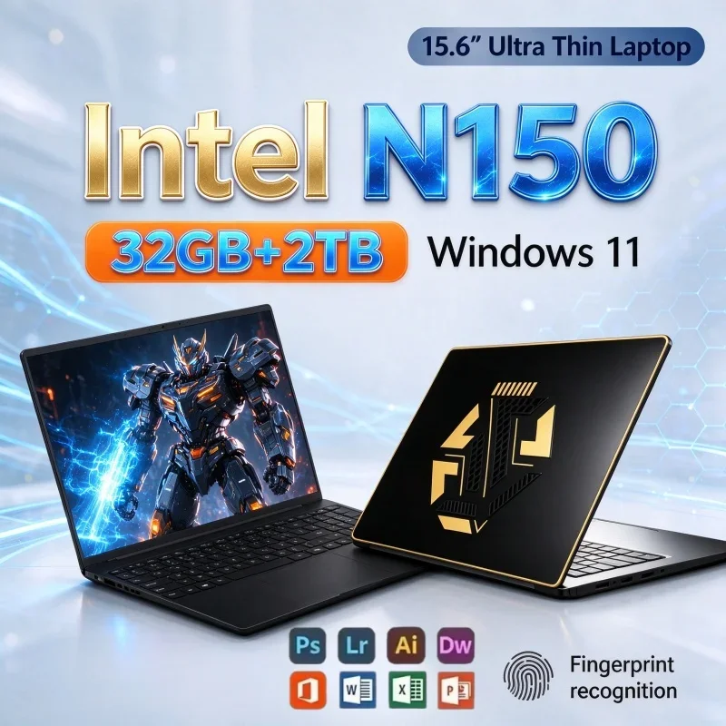 15.6'' Notebook PC Ultra‑Slim Portable Intel N150 Windows 11 32GB RAM 1TB/2TB SSD 1080P HD Gamer Office Student Laptop Computer