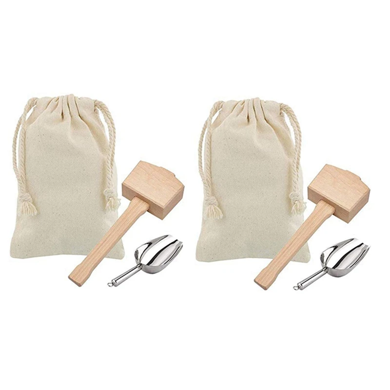 

2X Ice Mallet And Ice Bag Wood Hammer And Cotton Linen Bag For Crushed Ice, Bartender Kit & Bar Tools Kitchen Accessory