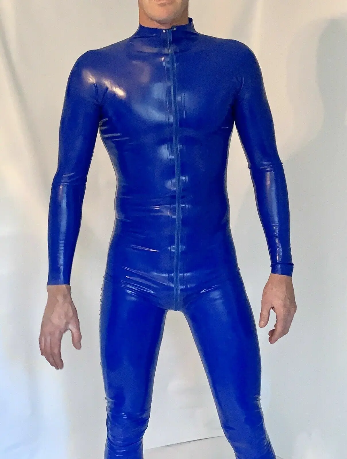 100%Gummi Catsuit Latex Cosplay Rubber Club Bodysuit Navy Bau Zentai Kostรผm0,4mm