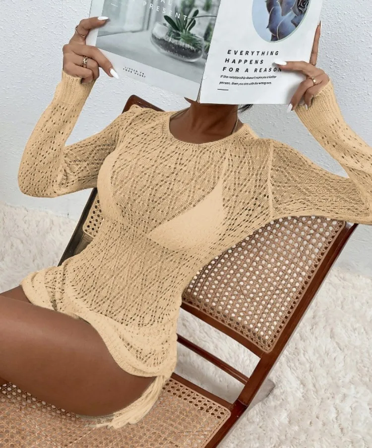 Sexy, durchsichtiges Kleid mit Rundhalsausschnitt, Rückenausschnitt und Kordelzug, langärmlig, einfarbig, Smock-Stil, vielseitig kombinierbar, Urlaubsstil, Hüftrock