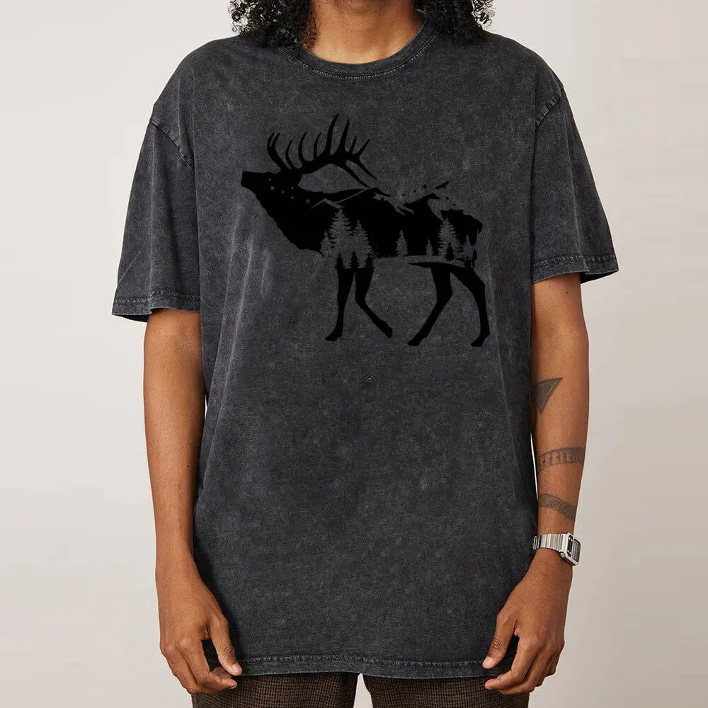 Short Sleeve Tees Christmas Round Neck Combed cotton Woman Washed Tshirts Round Neck Forest Elk Party Washed Tee Shirts Family