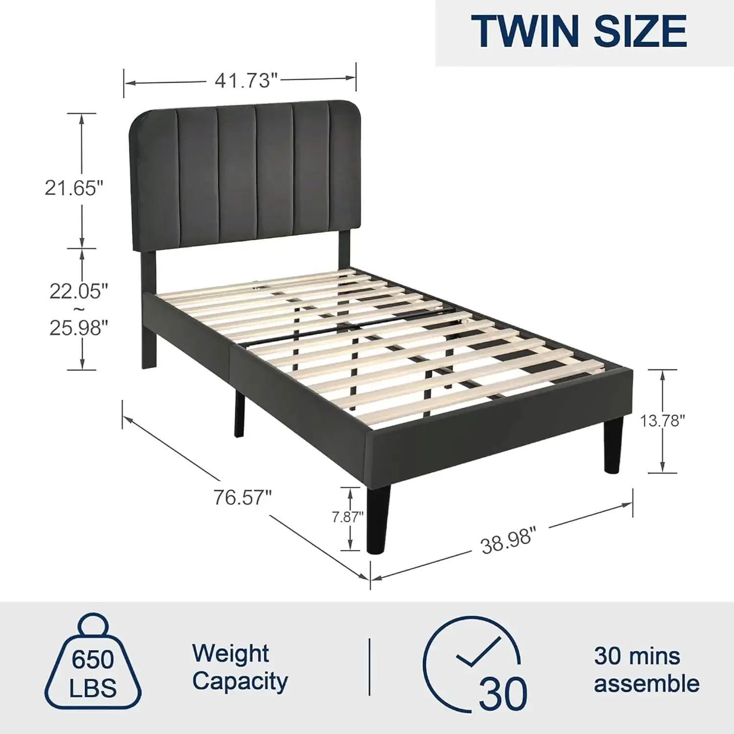 Twin Size Upholstered Bed Frame with Adjustable Headboard, Velvet Platform Bedframe Mattress Foundation, Strong Wood Slat Suppor