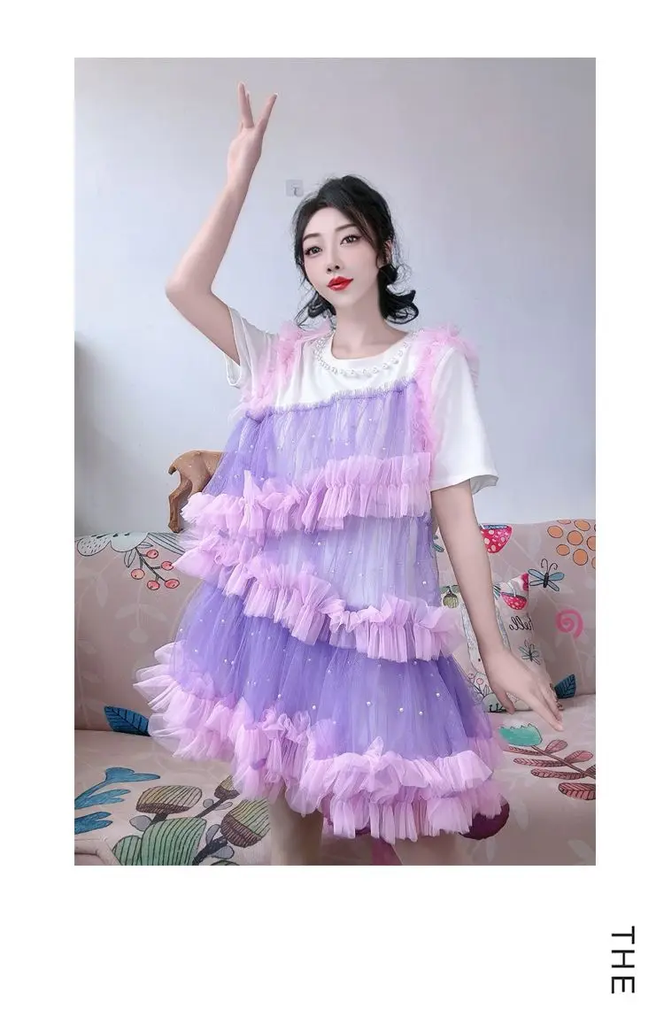 女性ピンクパープルコントラストカラーレーススプライシングフリルエッジ Tシャツメッシュパッチワーク蓮真珠ビーズ Tシャツガーゼプリーツドレス