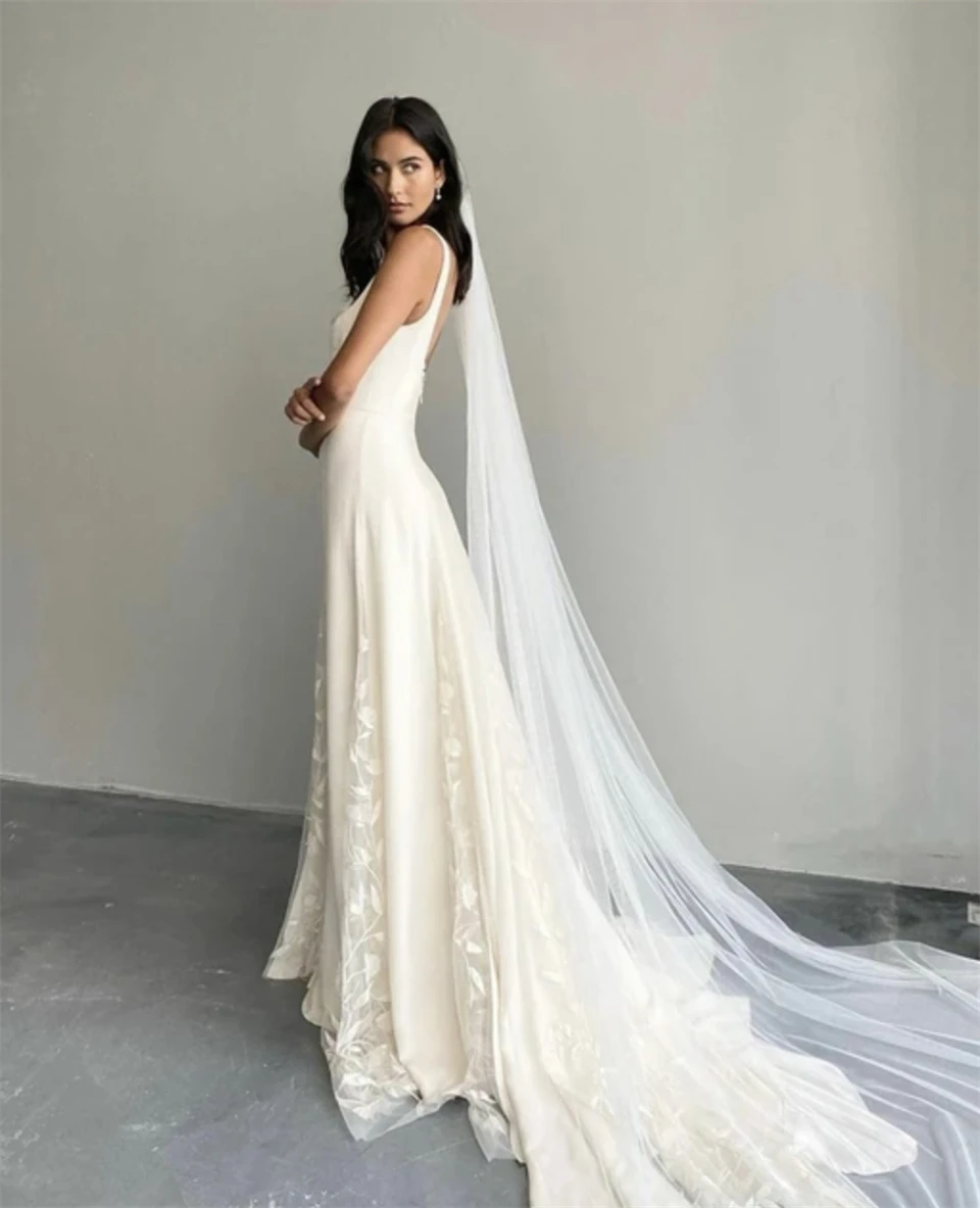 Elegant Square Neck Spaghetti Strap A-line Appliques Wedding Dresses For Women 2024 Court Train Bridal Gowns Vestidos De Noiva