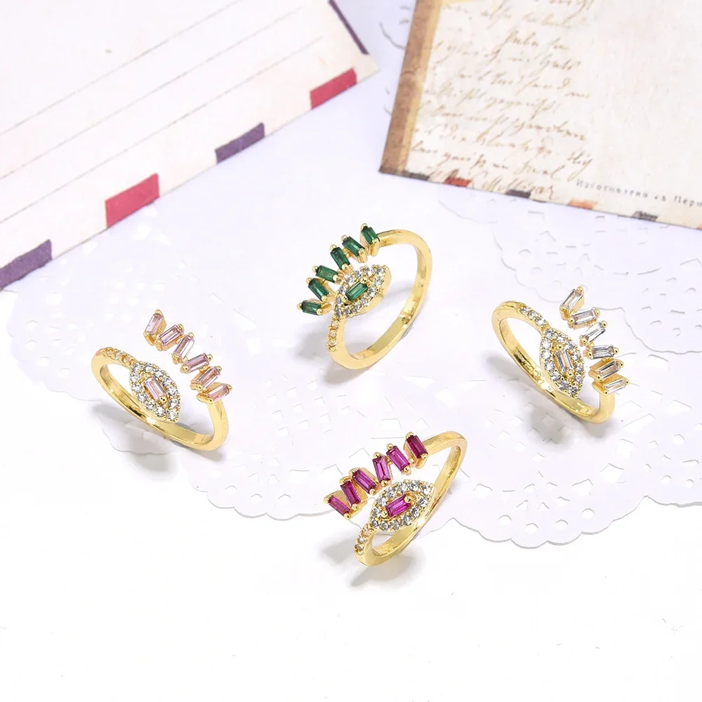 Copper plated 18 gold inset color ladder square zircon eye shape double open female ring jewelry