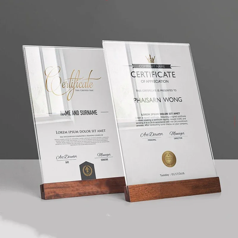 A4 Acrylic Display Frame - Solid Wood Honor Certificate Holder, Table Card Stand for Awards Display Stand Card Holder