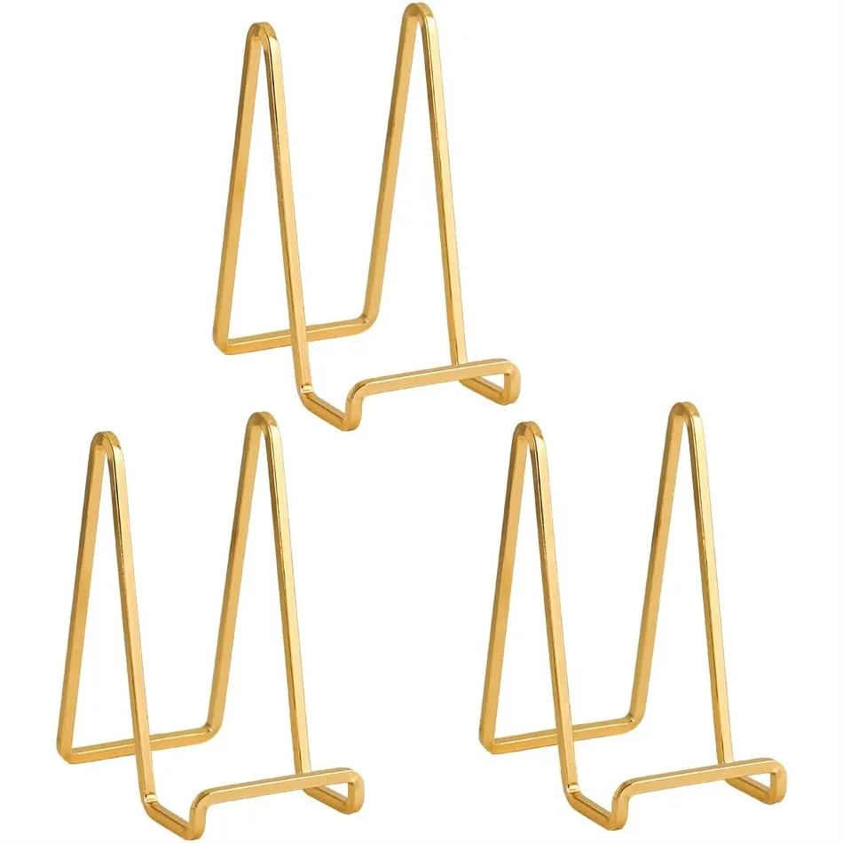 Metal Plate Display Easel Stand 6 inch - Gold Iron Easel for Pictures, Photos, Books, Decorative Plates - 3 Pack
