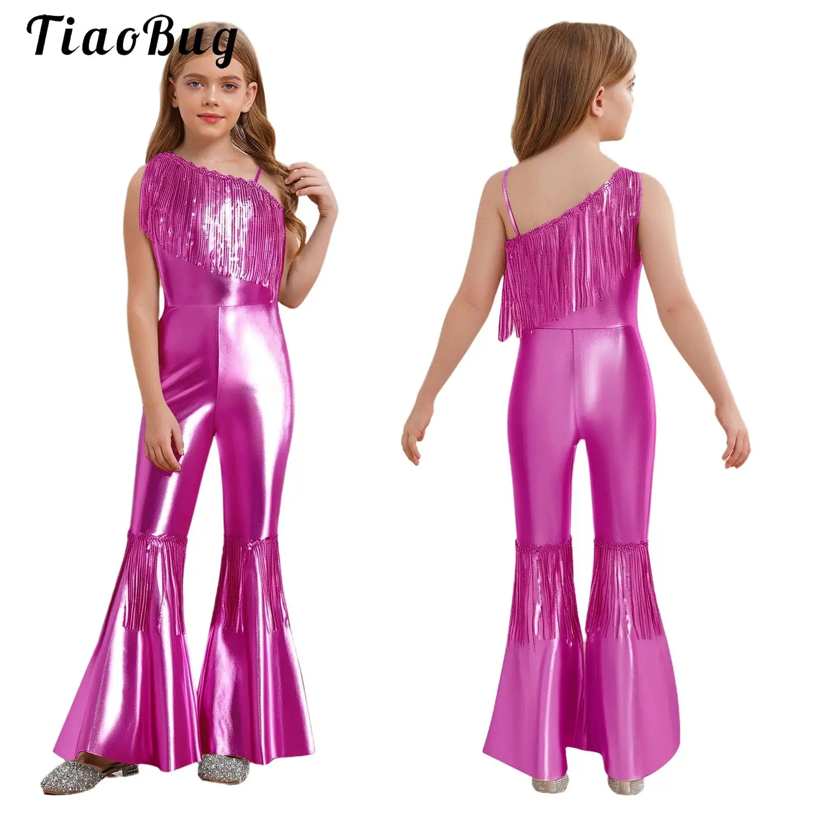 

Girls 70S Disco Vintage Jumpsuit Metallic Shiny Sequins Tassels Bodysuit Hippie Bell Bottom Jazz Dance Rave Party Romper Costume