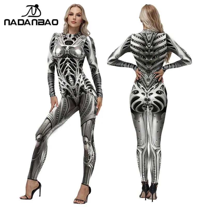 Nadanbao Mechanical Skull Print Women's Jumpsuits Halloween Party Funny Cosplay Costume Sexy Slim Long Sleeve Zentai Bodysuit