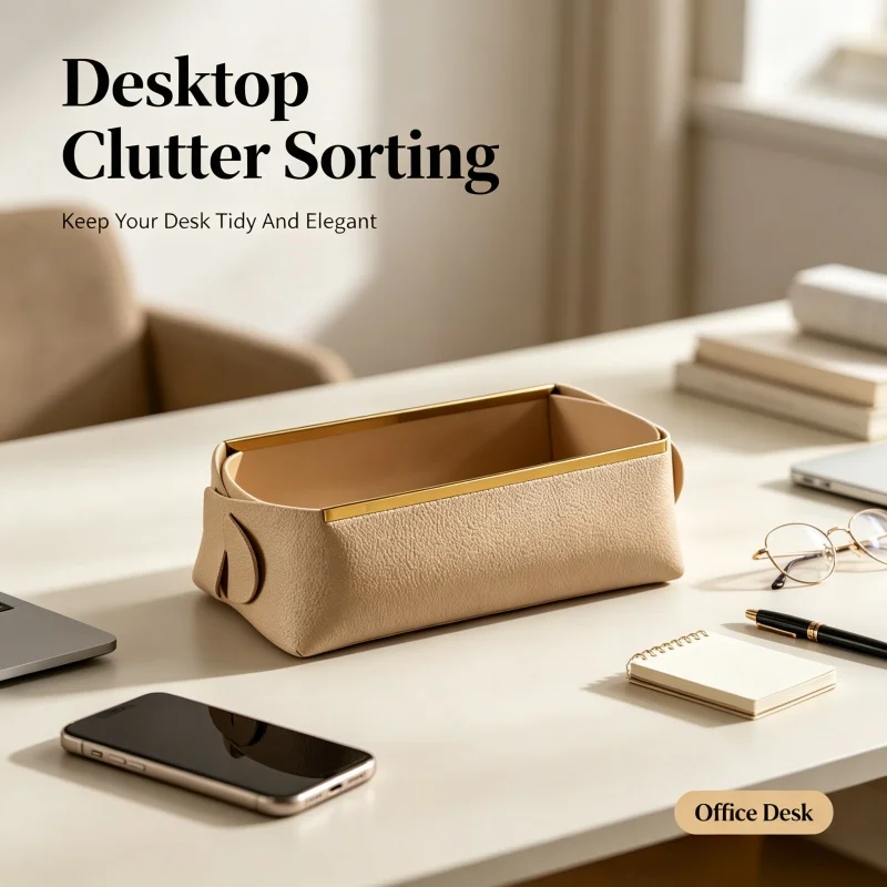 Nordic Leather Storage Basket Rectangular Gold Trim Detachable Desktop Organizer Living Room Clutter Sorting Bin