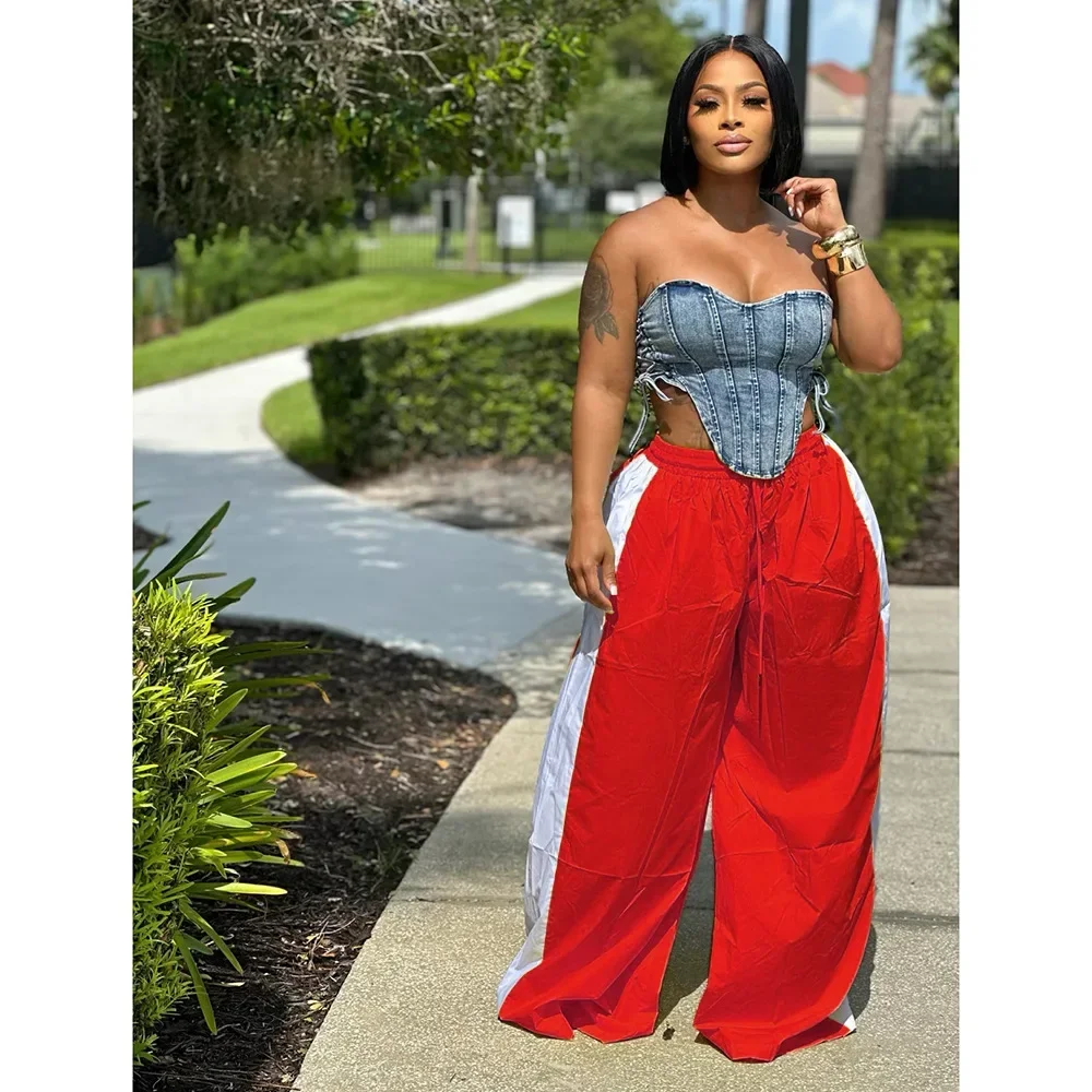 Vintage Women Striped Straight Drawstring Basic Wide Leg Pants 2026 Casual Sporty Holiday Jogger Sweatpants Trousers