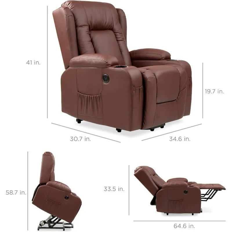 PU Leather Electric Power Massage Chair, Adjustable for Back, Legs w/ 3 Positions, USB Port, Heat, Cupholders,Side Button