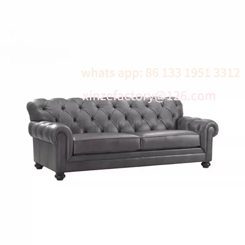 

Sofa French retro living room pull-up cowhide three-person sofa