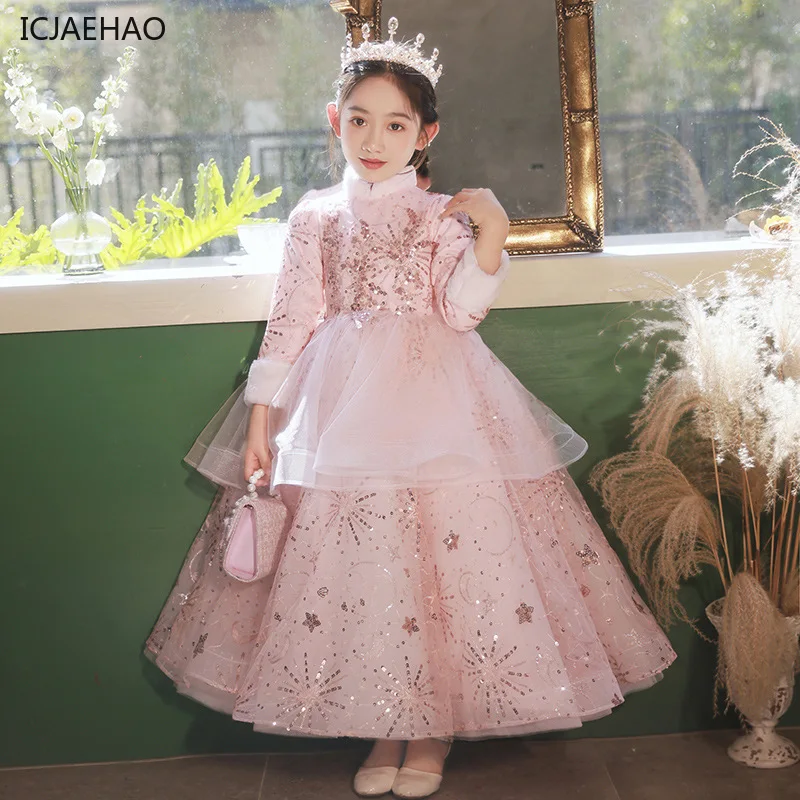 ICJAEHAO Children's Dress Girls Birthday Princess Dress Thickened Pink Flower Little Girl Host Piano Costume Winter Vestidos