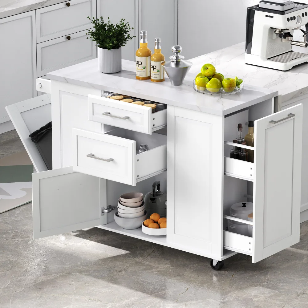 50.7-inch White Kitchen Island with A Slanted Trash Can Cabinet and Pull-out Cabinet Shelving. This 5-wheeled, Movable Kitchen Island Features A Folding Countertop, Two Drawers, and One Door. Suitable for Kitchens and Dining Rooms.