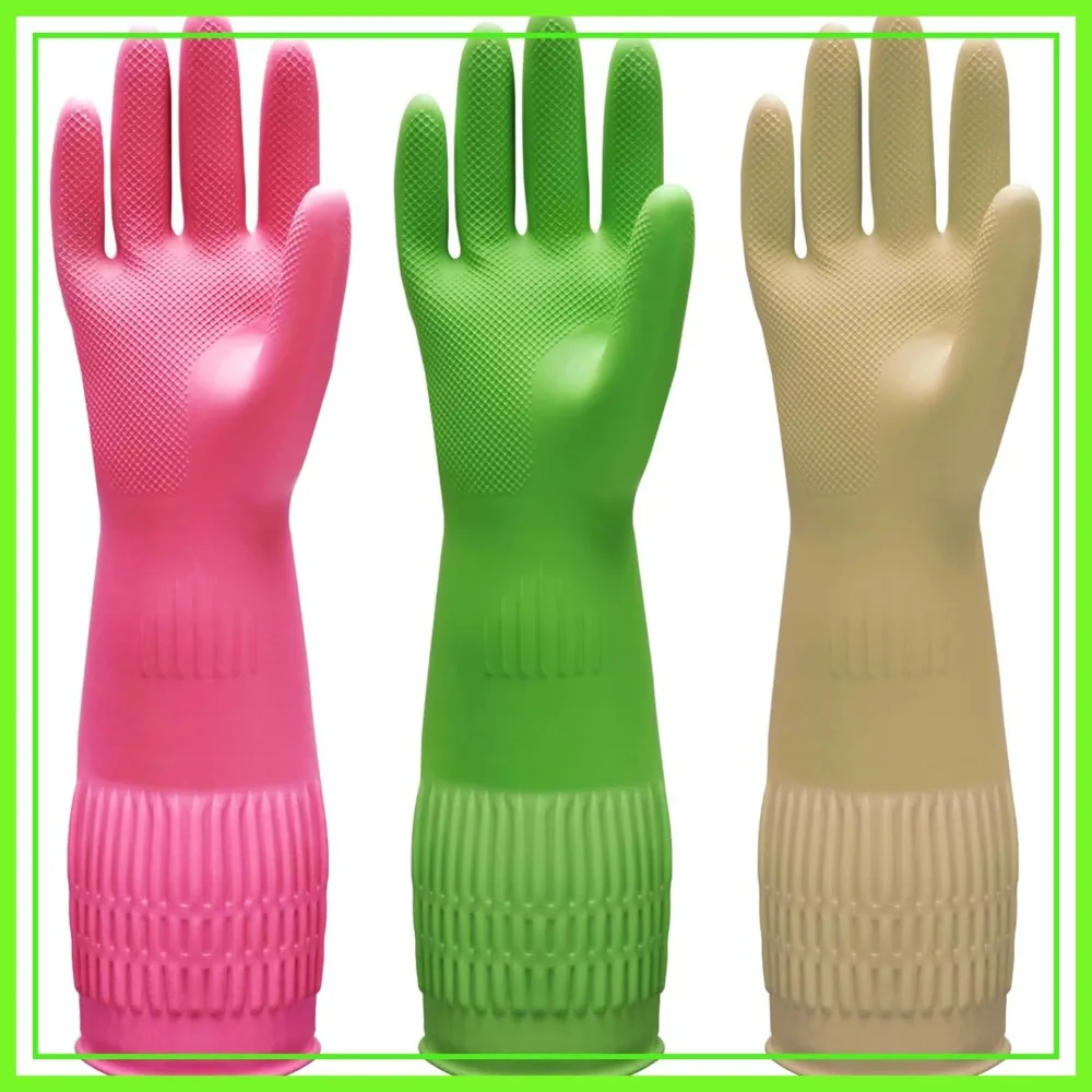 

3 Pairs Dishwashing Gloves, Long Cuff 15", Reusable, Non-Slip, Flexible, Large (Red+Yellow+Green)