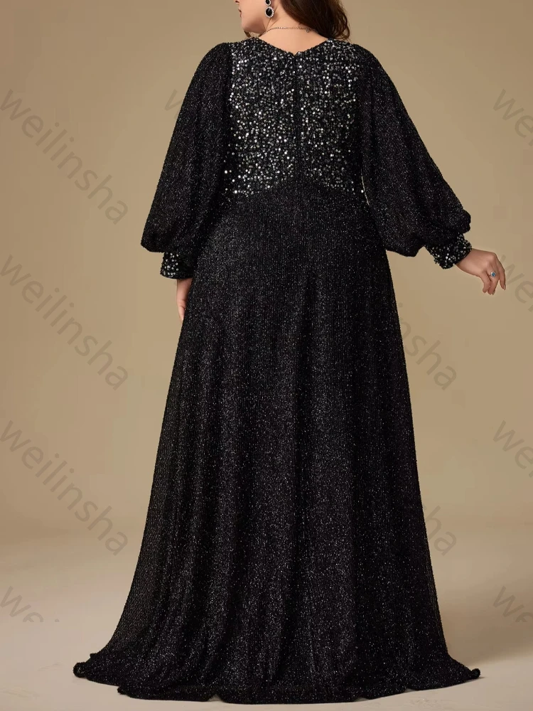 Abiti da Sera Personalizzati con Scollo a V e Maniche Lunghe a Lanterna con Paillettes, Eleganti Abiti da Celebrità, Raffinati Vestiti da Cerimonia di Alta Qualità