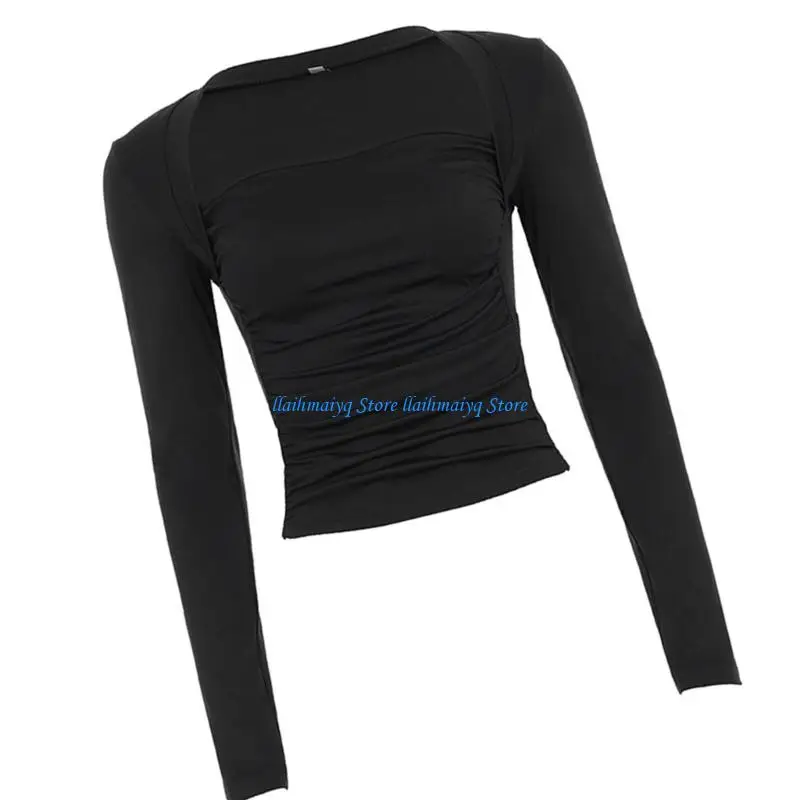 

573B Women Square Neck Long Sleeve Black Top Ruched Fit Going Out T-Shirt
