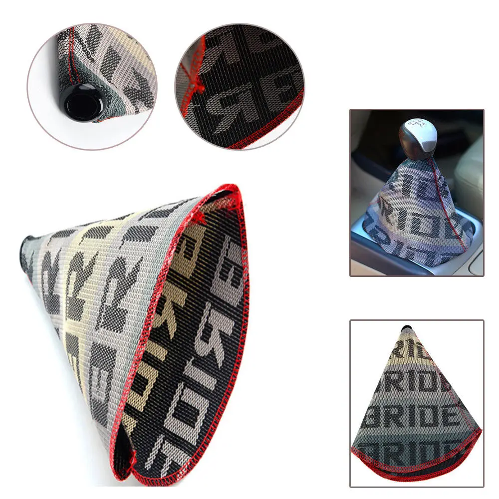 JDM Bride RECARO High Quality Hyper Fabric Shift Boot Racing Shifter Knob Cover for Universal Car With Red Stitching