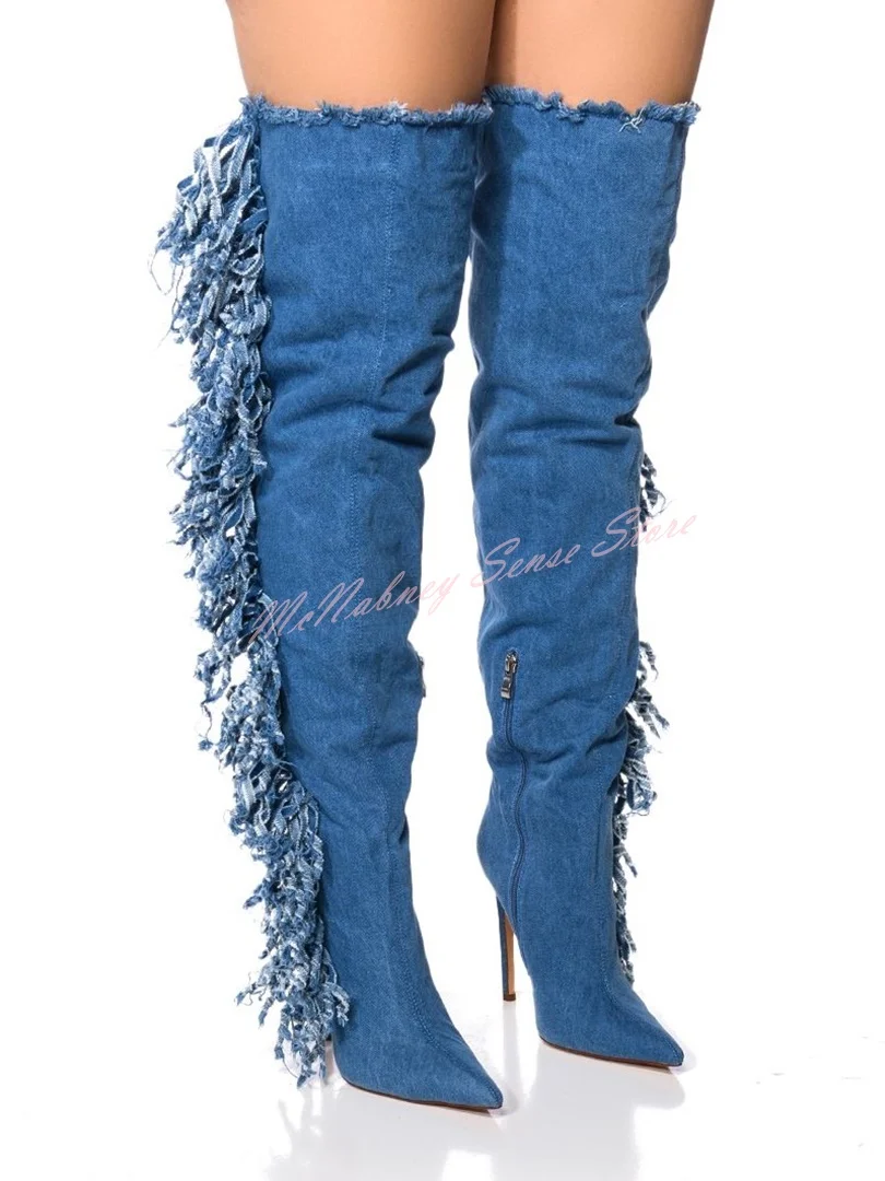 

Denim Fringe New Style Boots Pointed Toe Solid Over The Knee Side Zipper Boots Winter Sexy Women Shoes Thin High Heels Banquet