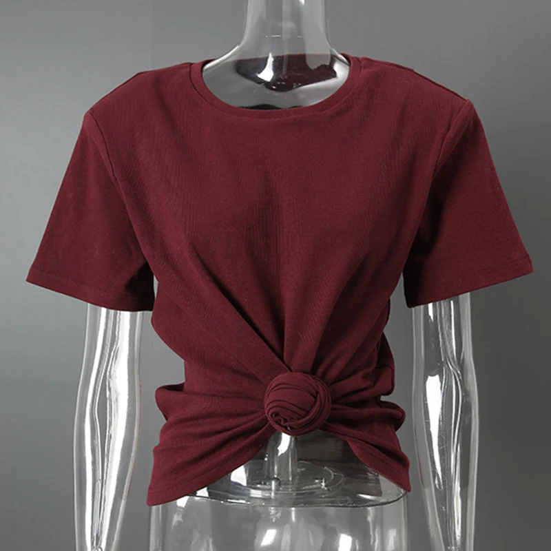 DEAT 2025 صيف جديد موضة عقدة تصميم تي شيرت للنساء عادية سليم صالح مبطن الكتفين قصيرة الأكمام قمة الإناث 11A04691