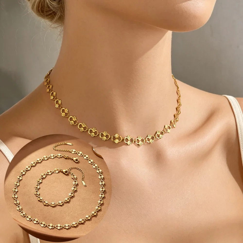 Fashion Gold Tone Stainless Steel Hollowed-out Embossed Patterned Interlocking Choker Necklace for Women Jewelry Does Not Fade