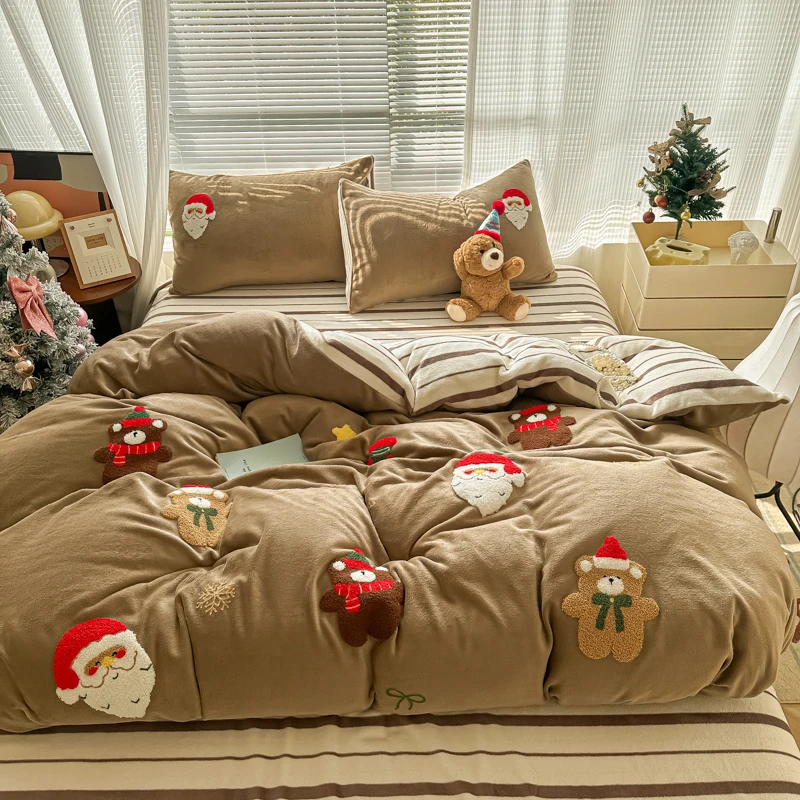 Brown Cute Christmas Bear Embroidery Bedding Set Single Double Queen Size Duvet cover Set Bed Sheet Pillowcases Christmas Gifts